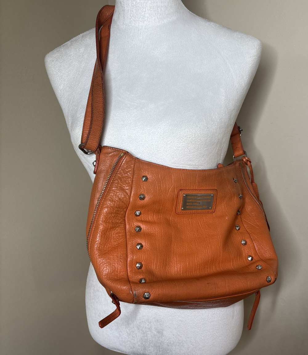 Harley Davidson Orange Leather Studded Shoulder Bag Purse Zipper Flawpurse
